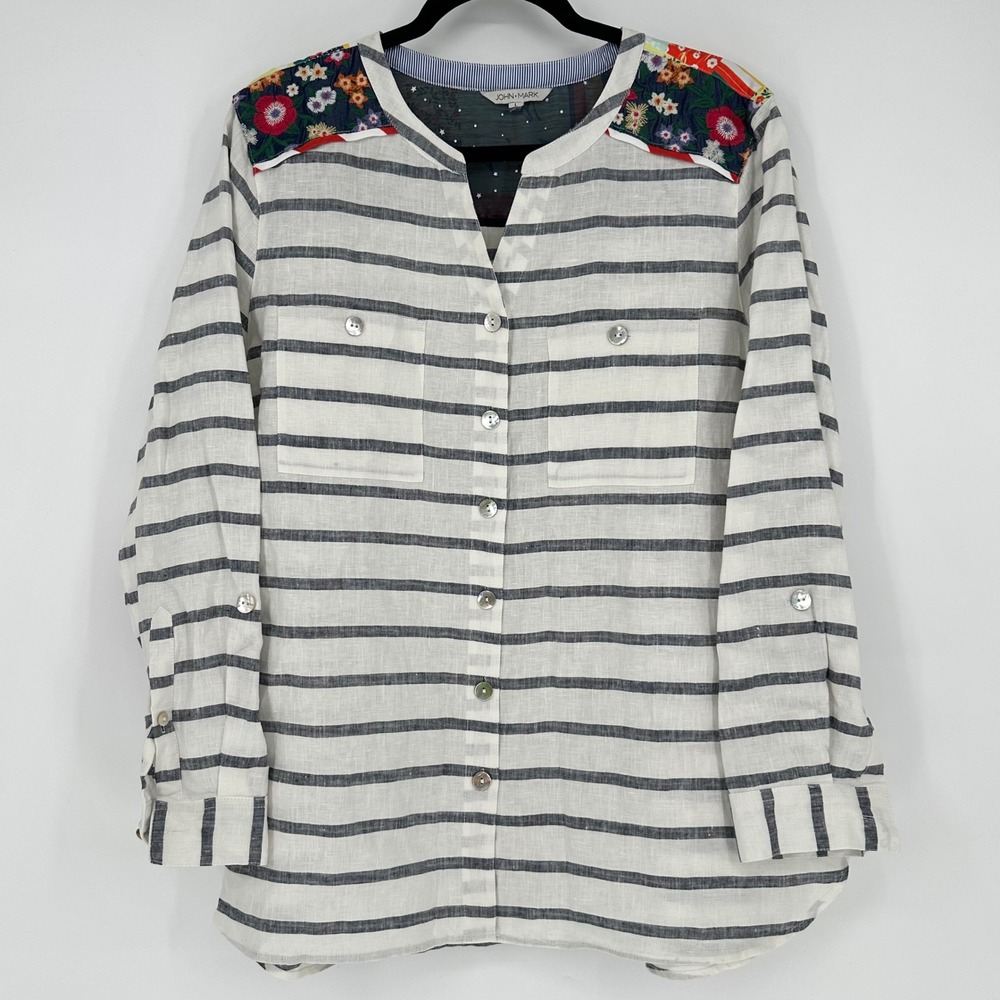 John Mark 100% Linen Stripe Floral Patchwork Embroidery Button Roll Tab Sleeve L
